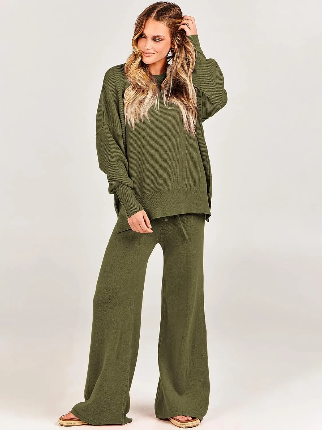 ANRABESS Women 2 Piece Outfits Oversized Chunky Knit Sweater Top Wide Leg Pants 2024 Fall Lounge Set Trendy Cozy Clothes