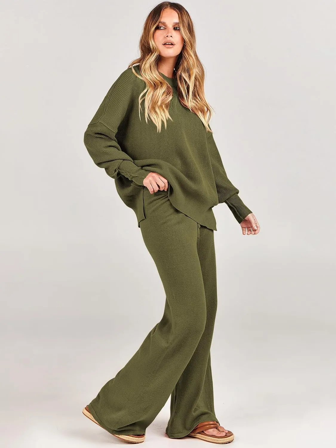 ANRABESS Women 2 Piece Outfits Oversized Chunky Knit Sweater Top Wide Leg Pants 2024 Fall Lounge Set Trendy Cozy Clothes
