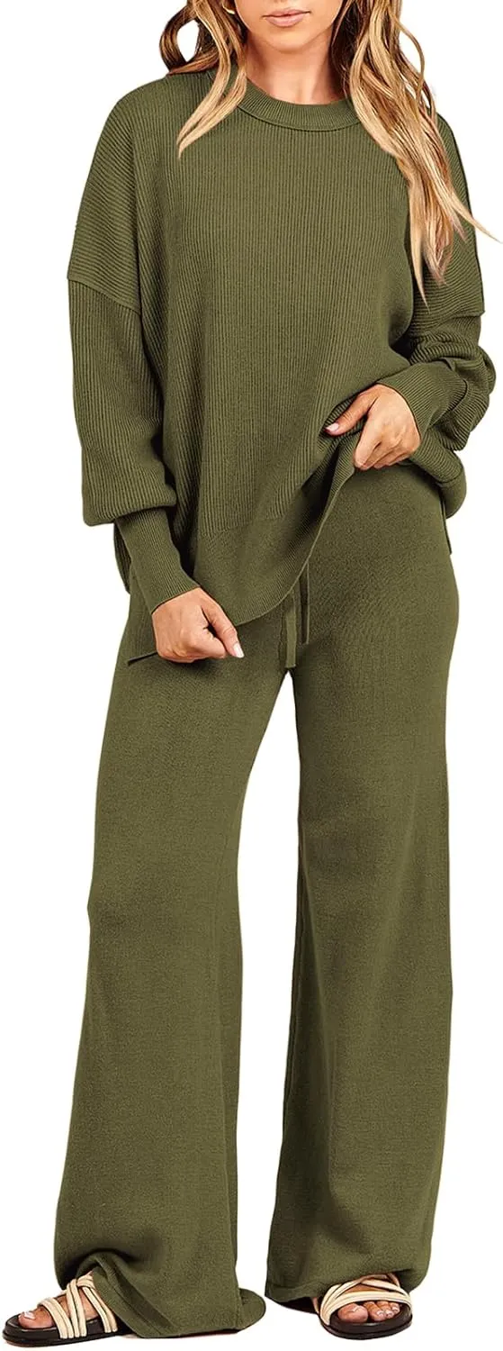 ANRABESS Women 2 Piece Outfits Oversized Chunky Knit Sweater Top Wide Leg Pants 2024 Fall Lounge Set Trendy Cozy Clothes