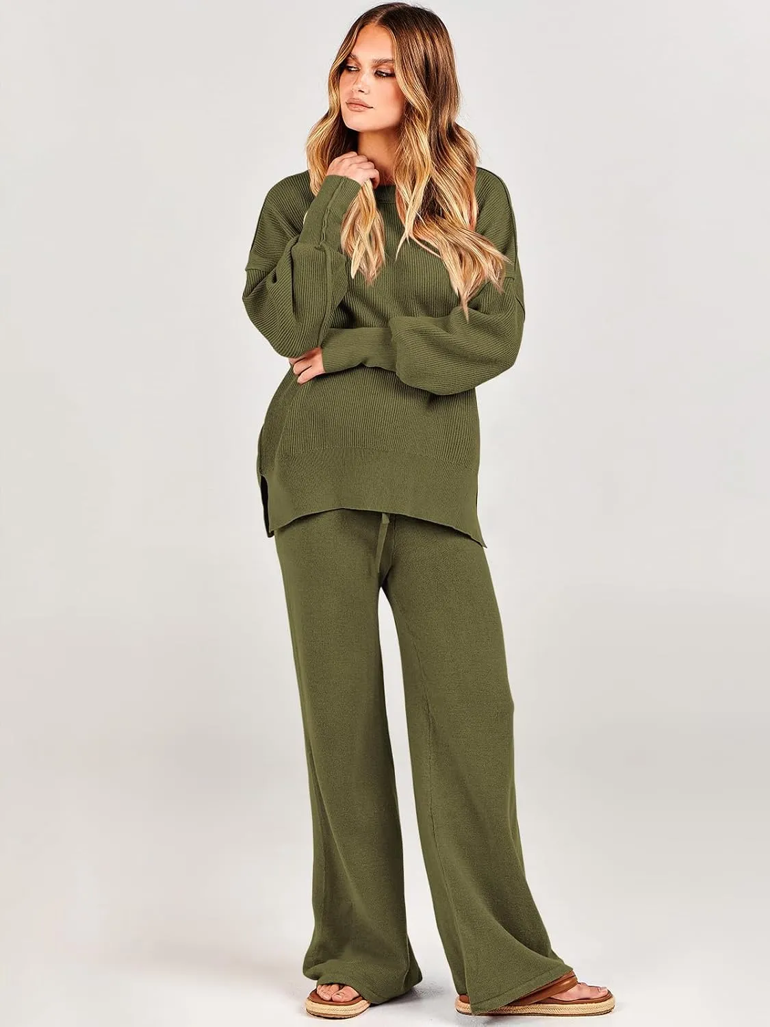 ANRABESS Women 2 Piece Outfits Oversized Chunky Knit Sweater Top Wide Leg Pants 2024 Fall Lounge Set Trendy Cozy Clothes