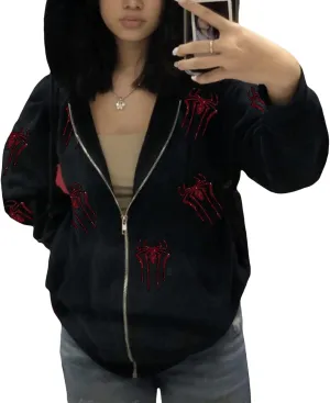 Aopwsrlyi Women's Y2K Zip Up Hoodies Gothic Vintage Graphic Print Sweatshirt Oversized Long Sleeve Casual Jackets Streetwear