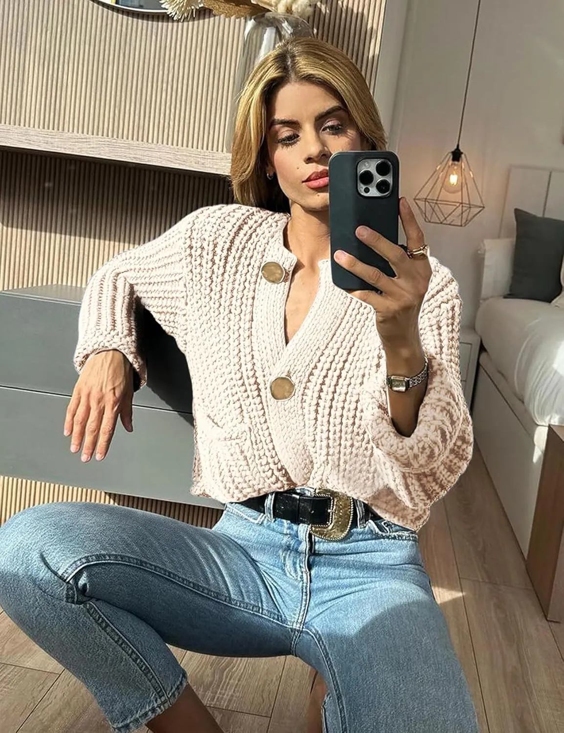 Arssm Womens Cropped Cardigan Sweaters Chunky Open Front Button Down Knit Sweater Long Sleeve Loose Cardigan Outerwear