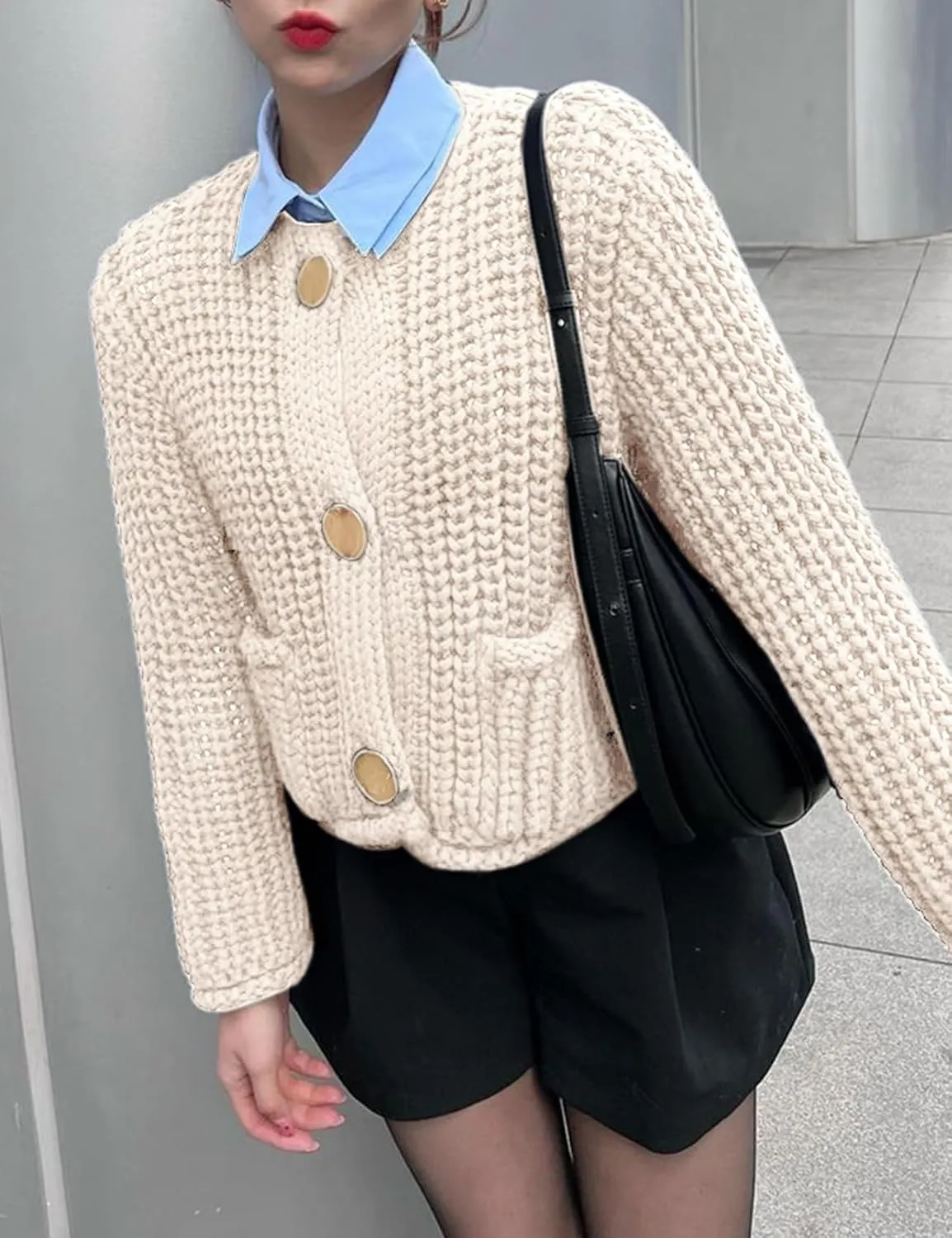 Arssm Womens Cropped Cardigan Sweaters Chunky Open Front Button Down Knit Sweater Long Sleeve Loose Cardigan Outerwear