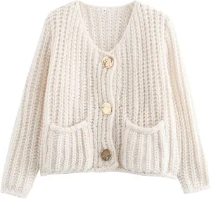 Arssm Womens Cropped Cardigan Sweaters Chunky Open Front Button Down Knit Sweater Long Sleeve Loose Cardigan Outerwear