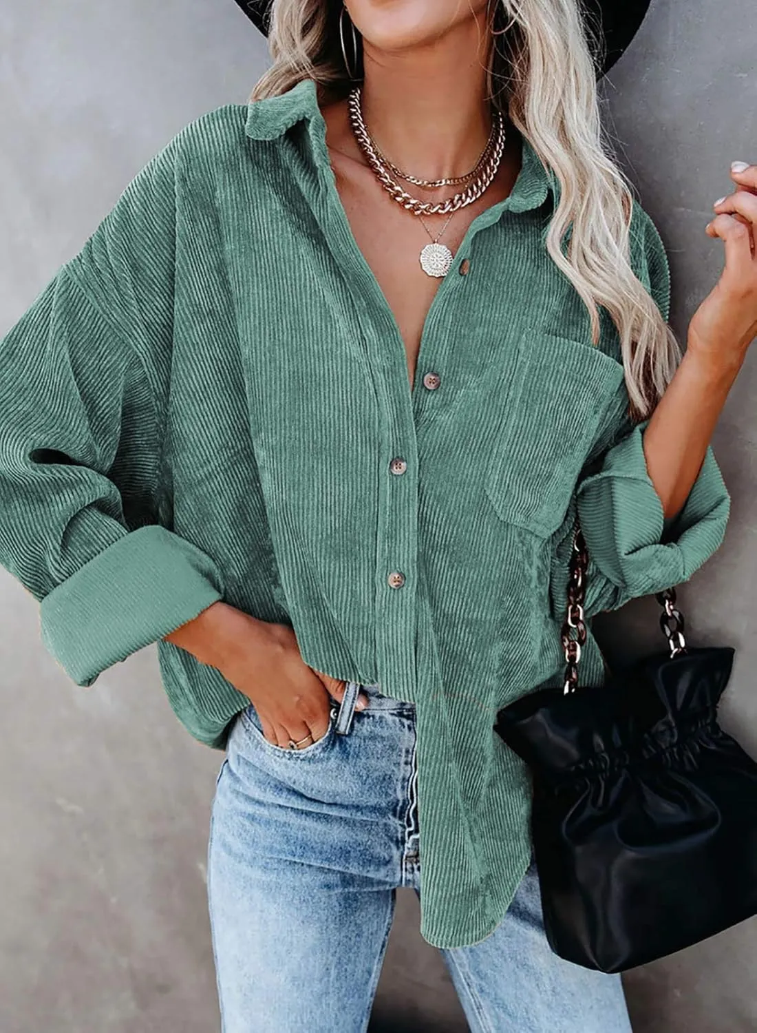 Astylish Women Corduroy Shirts Casual Long Sleeve Button Down Blouses Top