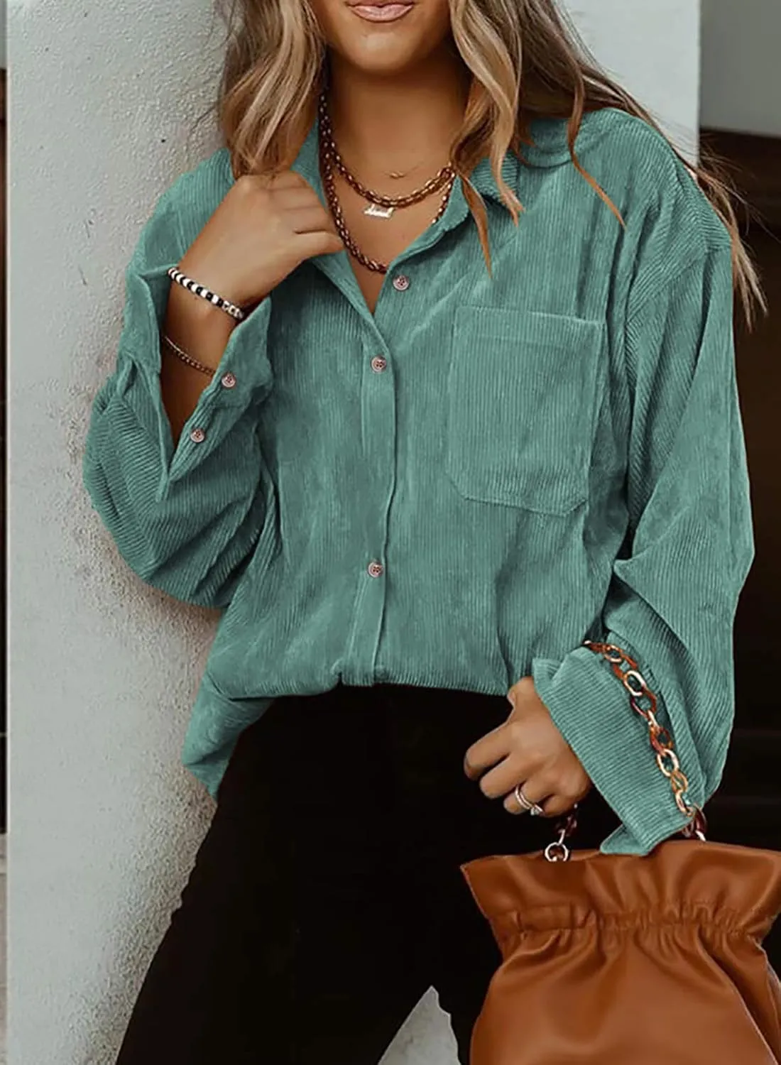 Astylish Women Corduroy Shirts Casual Long Sleeve Button Down Blouses Top