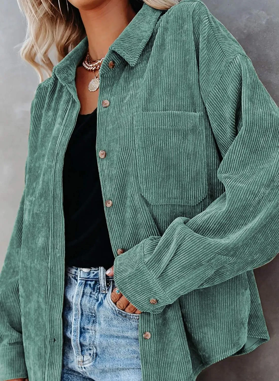 Astylish Women Corduroy Shirts Casual Long Sleeve Button Down Blouses Top