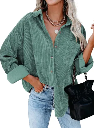 Astylish Women Corduroy Shirts Casual Long Sleeve Button Down Blouses Top