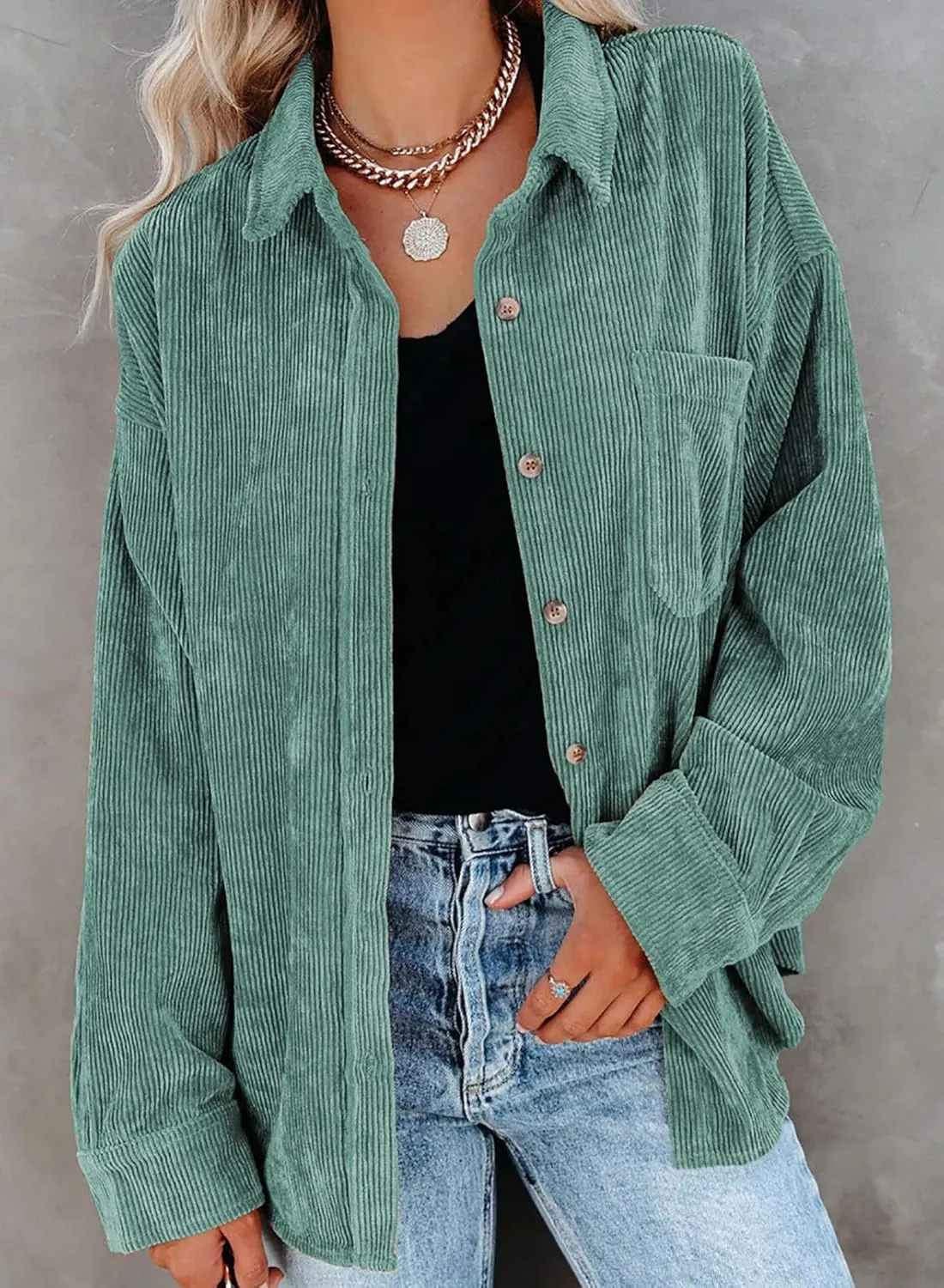 Astylish Women Corduroy Shirts Casual Long Sleeve Button Down Blouses Top