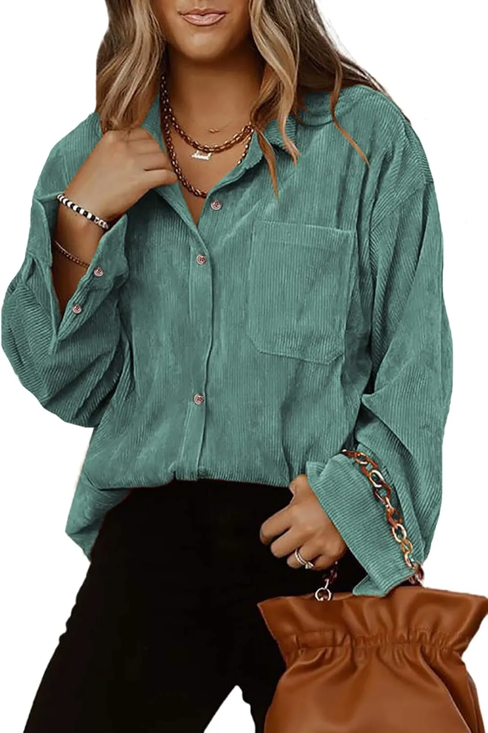 Astylish Women Corduroy Shirts Casual Long Sleeve Button Down Blouses Top