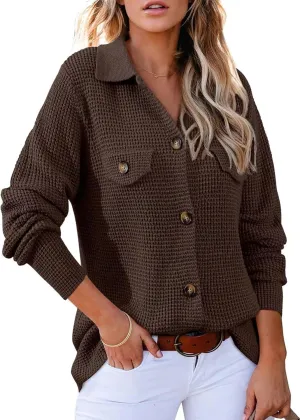 Astylish Women Waffle Knit Shacket Jacket Casual Long Sleeve Sweater Button Down Shirts Dressy Blouse Tops