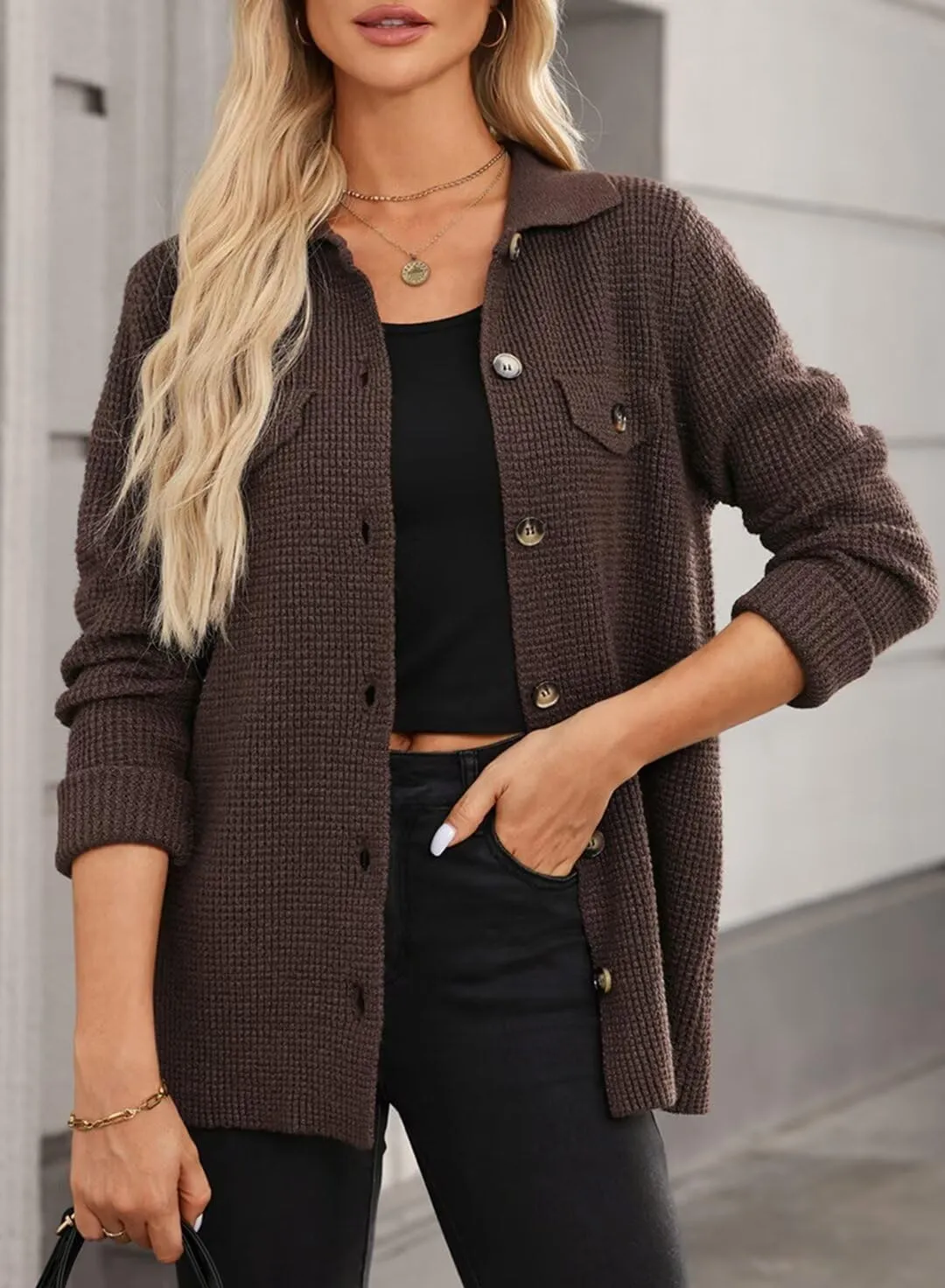 Astylish Women Waffle Knit Shacket Jacket Casual Long Sleeve Sweater Button Down Shirts Dressy Blouse Tops