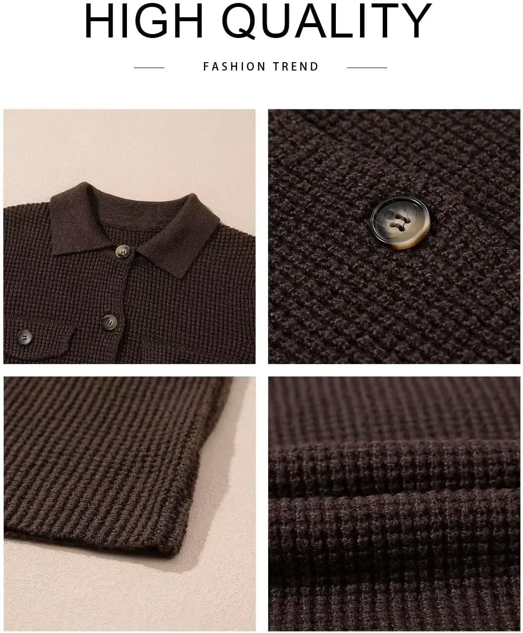 Astylish Women Waffle Knit Shacket Jacket Casual Long Sleeve Sweater Button Down Shirts Dressy Blouse Tops