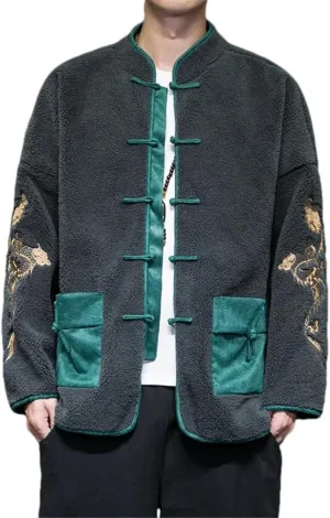 Autumn Winter Jackets For Men Chinese Style Embroidery Disc Buckle Lambswool Thick Warm Cotton Padded Coat