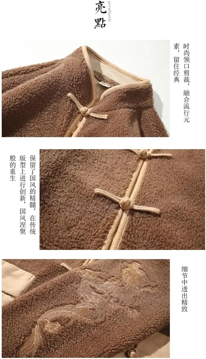 Autumn Winter Jackets For Men Chinese Style Embroidery Disc Buckle Lambswool Thick Warm Cotton Padded Coat