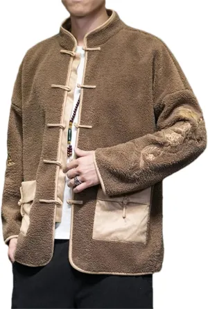 Autumn Winter Jackets For Men Chinese Style Embroidery Disc Buckle Lambswool Thick Warm Cotton Padded Coat
