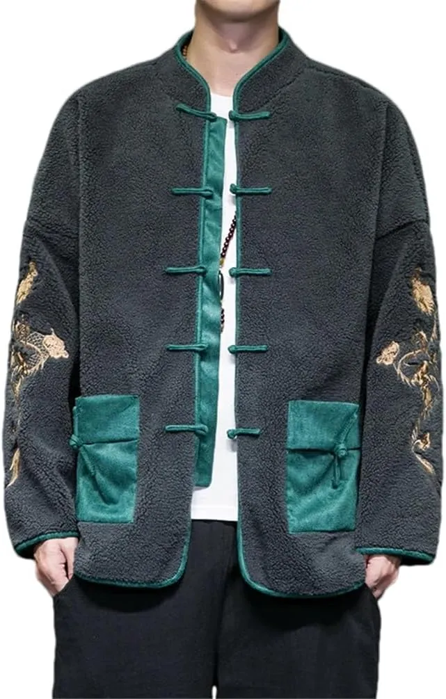 Autumn Winter Jackets For Men Chinese Style Embroidery Disc Buckle Lambswool Thick Warm Cotton Padded Coat