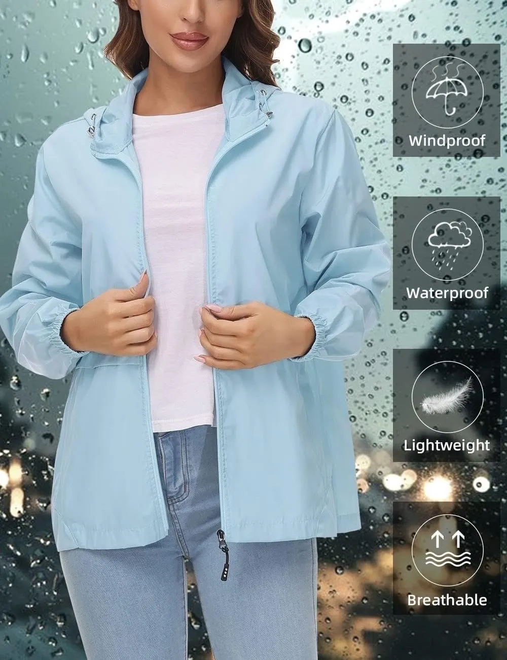 Avoogue Womens Waterproof Rain Jacket Lightweight Raincoat Packable Hooded Outdoor Windbreaker