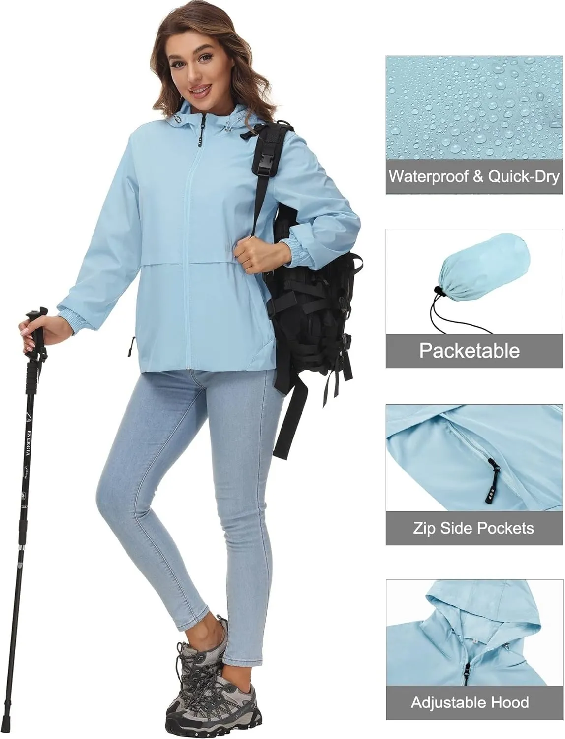 Avoogue Womens Waterproof Rain Jacket Lightweight Raincoat Packable Hooded Outdoor Windbreaker