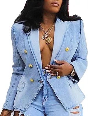 AYGJKIE Women's Slim-Fit Denim Tailored Blazer Double Breasted Flap Pockets Jeans Jacket