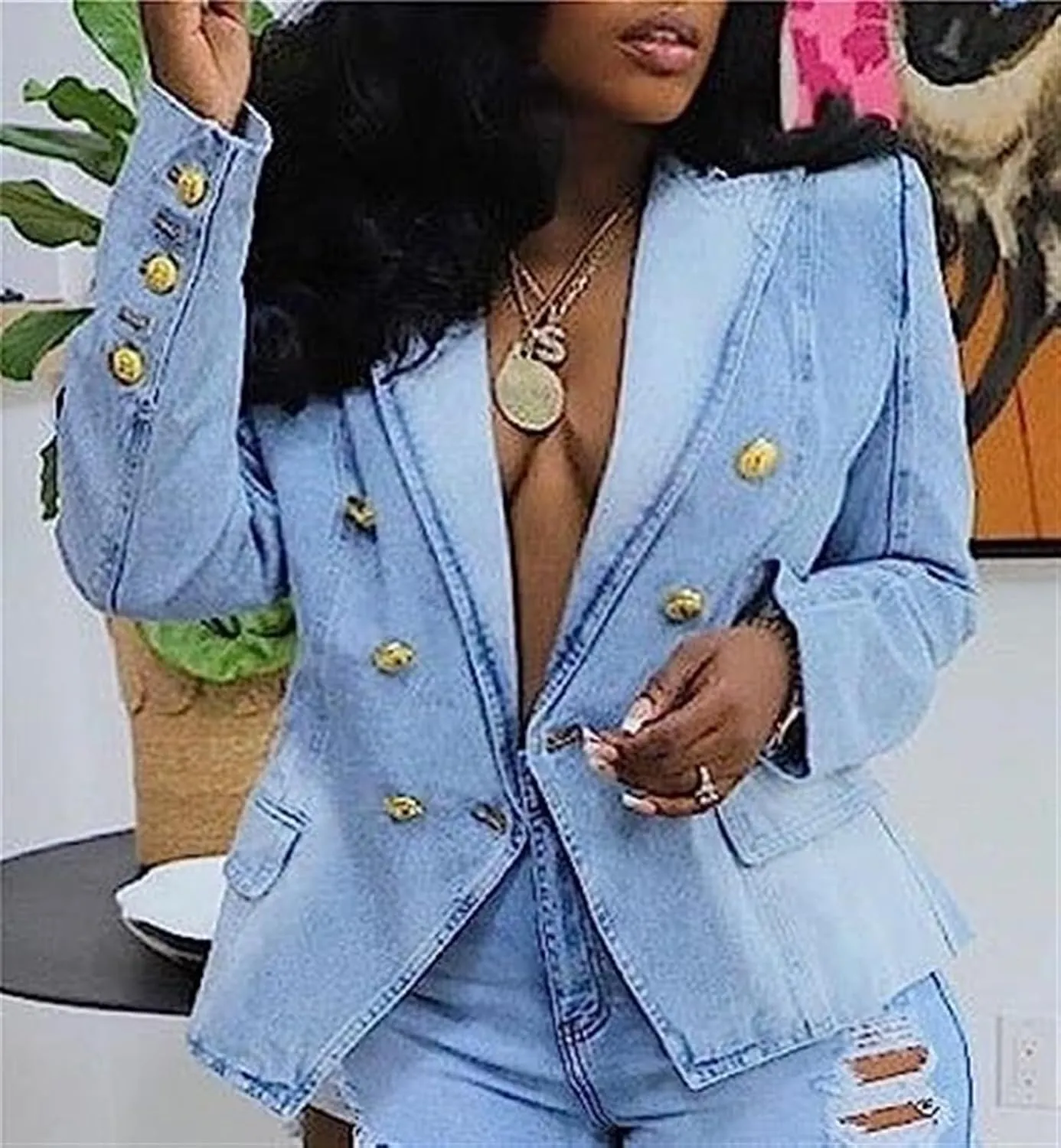 AYGJKIE Women's Slim-Fit Denim Tailored Blazer Double Breasted Flap Pockets Jeans Jacket