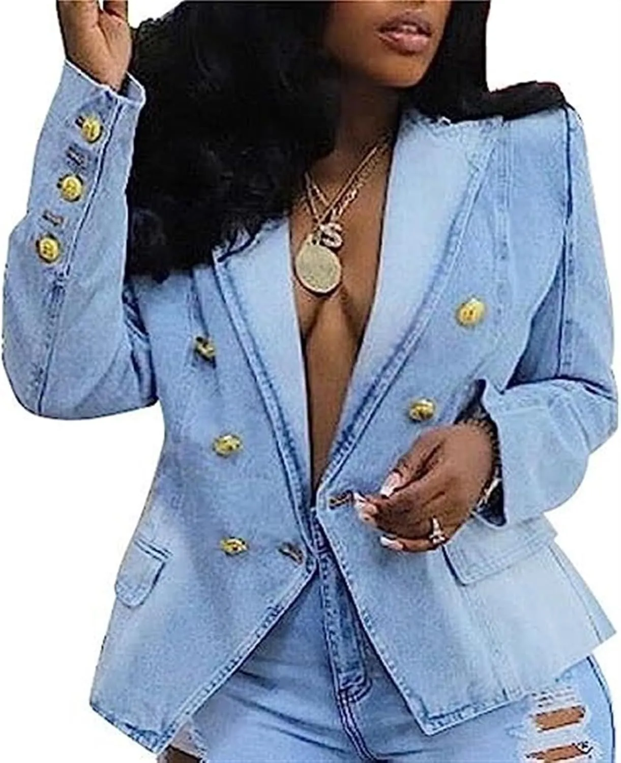 AYGJKIE Women's Slim-Fit Denim Tailored Blazer Double Breasted Flap Pockets Jeans Jacket