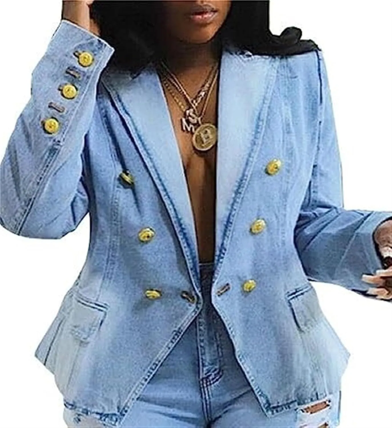 AYGJKIE Women's Slim-Fit Denim Tailored Blazer Double Breasted Flap Pockets Jeans Jacket