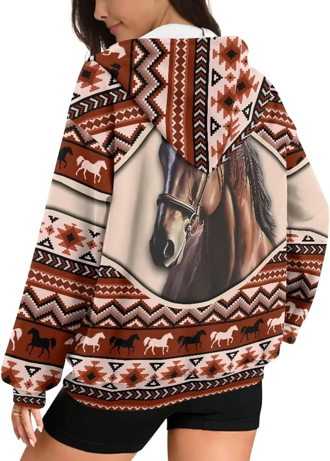 Aztec Zip up Hoodies for Women Western Geometric Print Western Ethnic Style Sweatshirts with Pocket Casual Jacket
