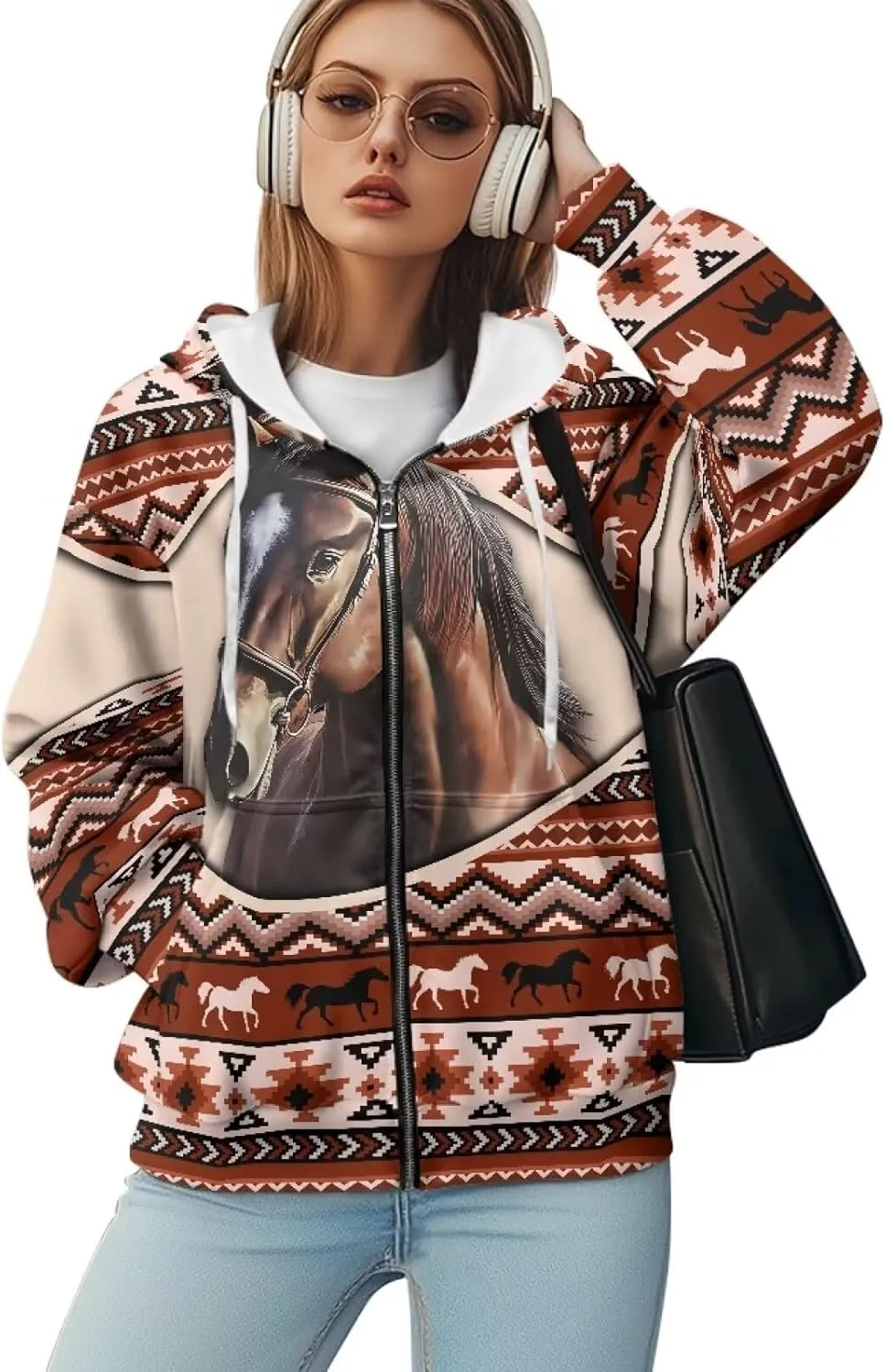 Aztec Zip up Hoodies for Women Western Geometric Print Western Ethnic Style Sweatshirts with Pocket Casual Jacket