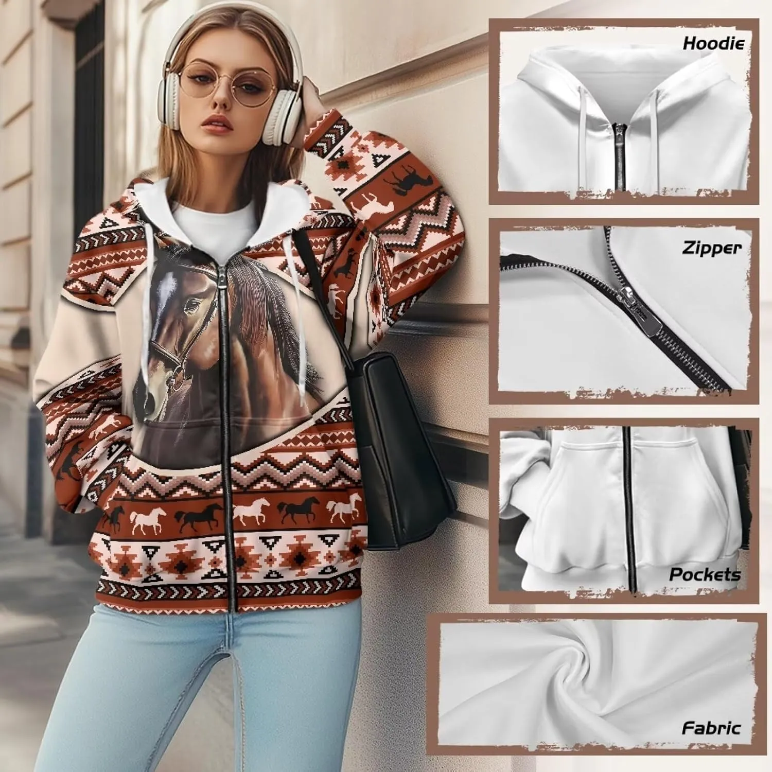 Aztec Zip up Hoodies for Women Western Geometric Print Western Ethnic Style Sweatshirts with Pocket Casual Jacket