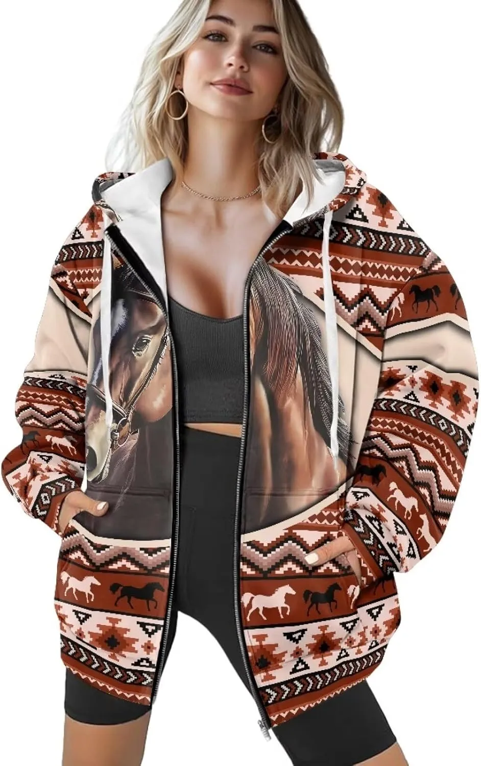 Aztec Zip up Hoodies for Women Western Geometric Print Western Ethnic Style Sweatshirts with Pocket Casual Jacket