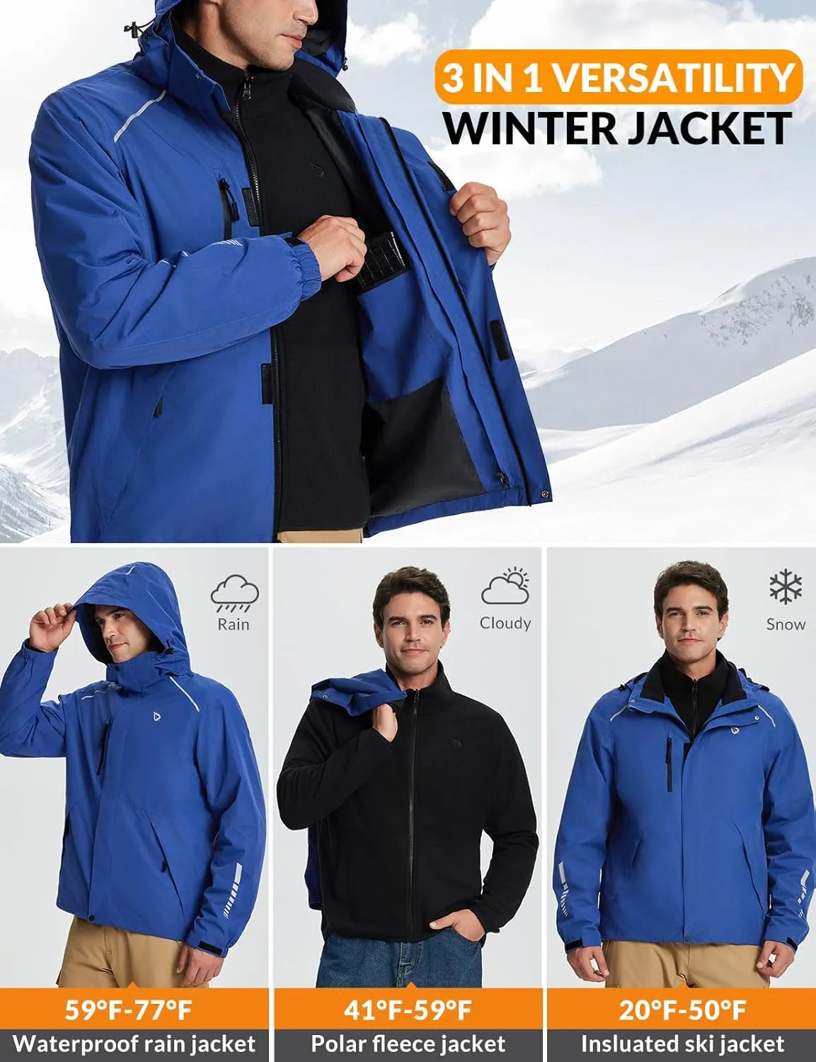 baleaf Men's Rain Jacket 3 In 1 Winter Ski Waterproof Windbreaker Hooded Reflective Packable with Polar Fleece Jacket