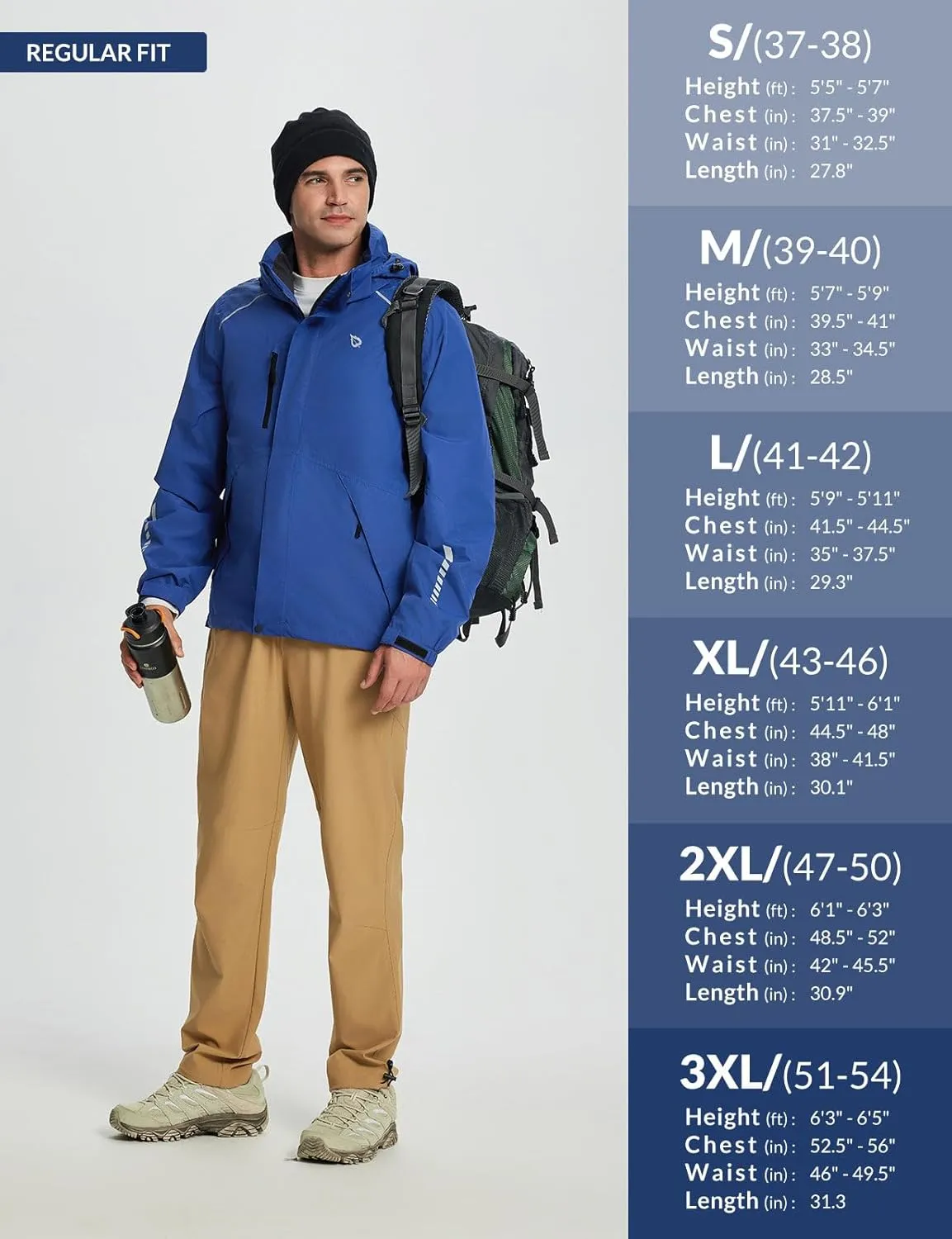 baleaf Men's Rain Jacket 3 In 1 Winter Ski Waterproof Windbreaker Hooded Reflective Packable with Polar Fleece Jacket