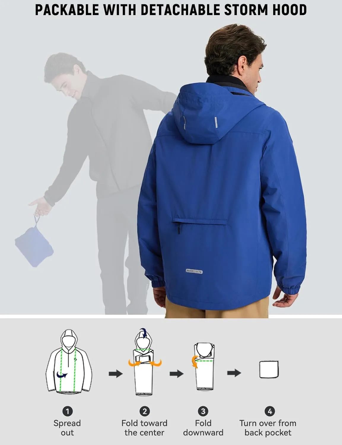 baleaf Men's Rain Jacket 3 In 1 Winter Ski Waterproof Windbreaker Hooded Reflective Packable with Polar Fleece Jacket
