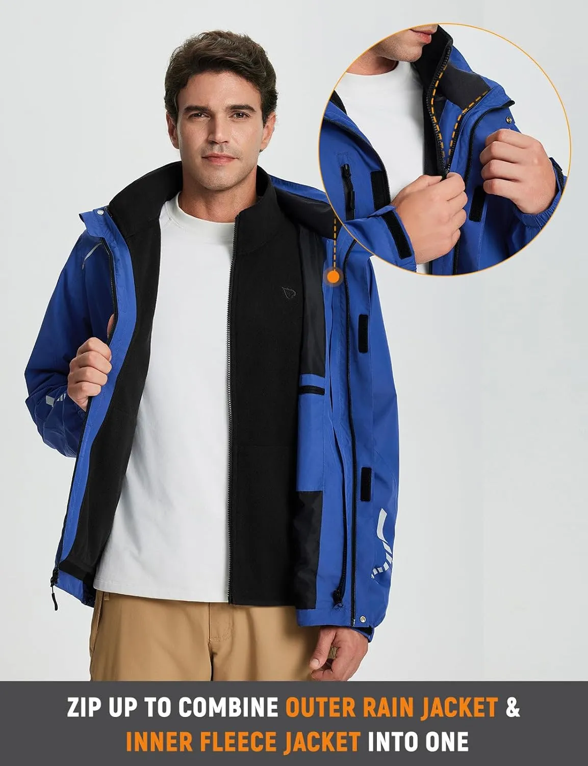 baleaf Men's Rain Jacket 3 In 1 Winter Ski Waterproof Windbreaker Hooded Reflective Packable with Polar Fleece Jacket