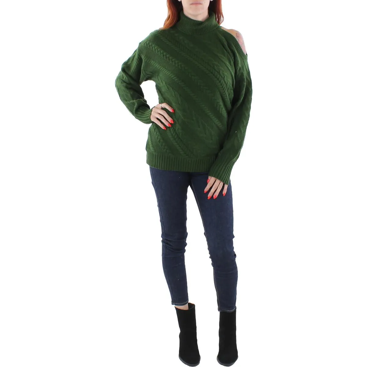 BCBGMAXAZRIA Women's Cable Knit Cold Shoulder Wool Blend Turtleneck Sweater