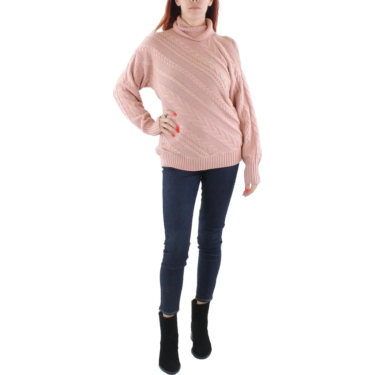 BCBGMAXAZRIA Women's Cable Knit Cold Shoulder Wool Blend Turtleneck Sweater