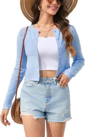 BeautyNee Women's Long Sleeve Cropped Cardigan Sweaters Crewneck Knit Shrugs Solid Button Down Shrugs for Dresses