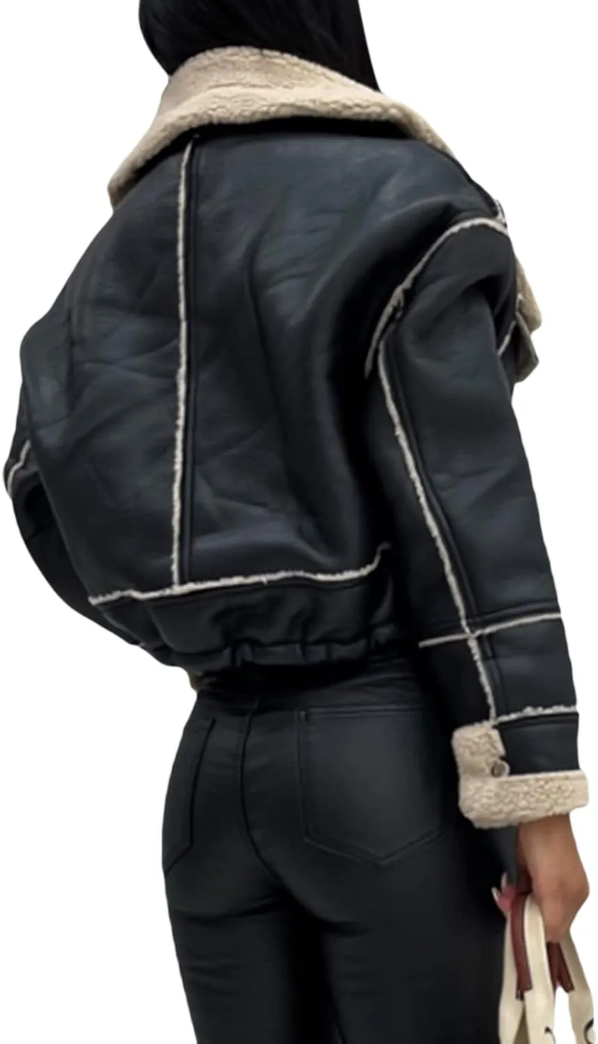 Beeuthios Women Oversized Sherpa Lined Leather Jacket Faux Suede Fleece Shearling Coat Biker Motorcycle Overcoat