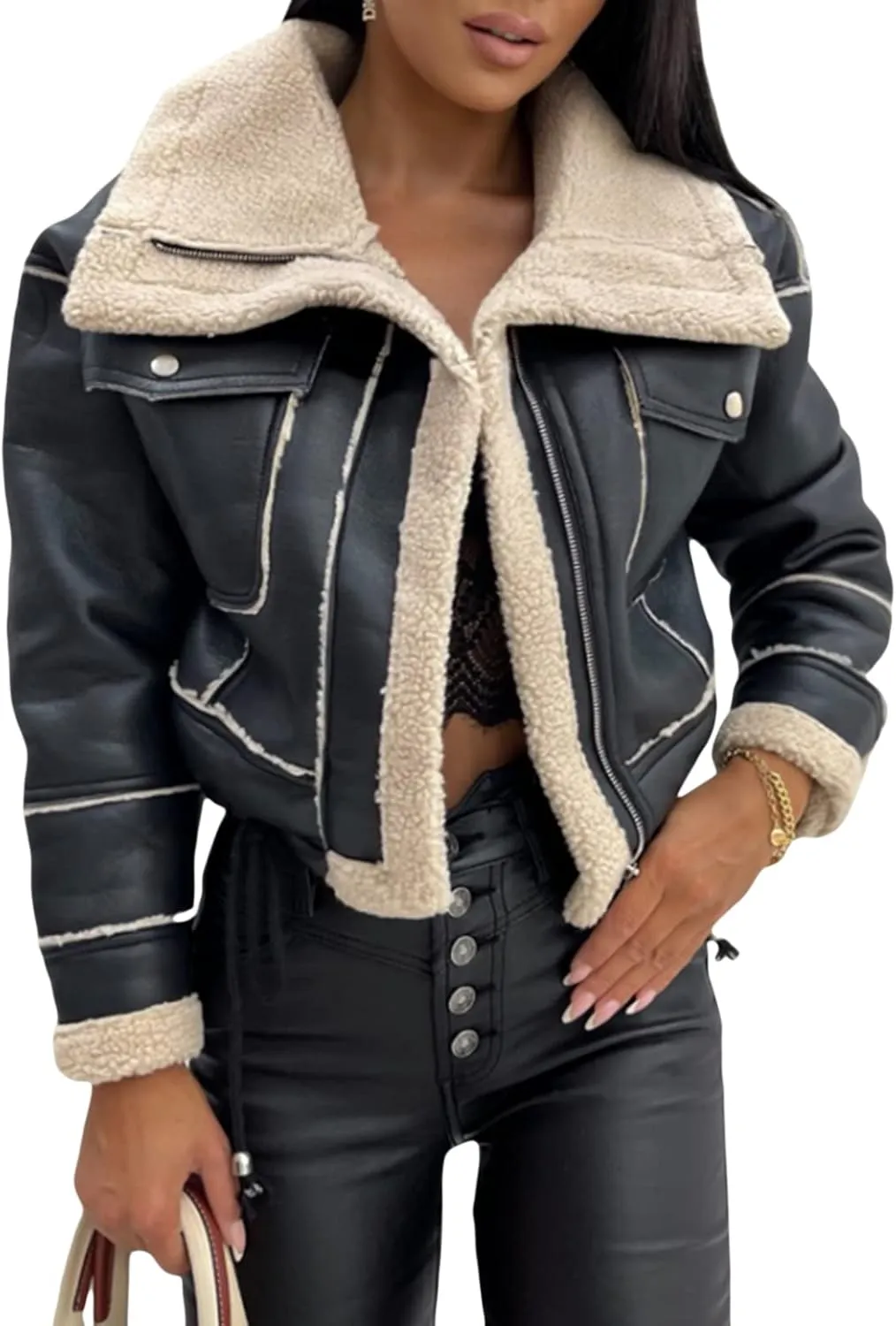Beeuthios Women Oversized Sherpa Lined Leather Jacket Faux Suede Fleece Shearling Coat Biker Motorcycle Overcoat