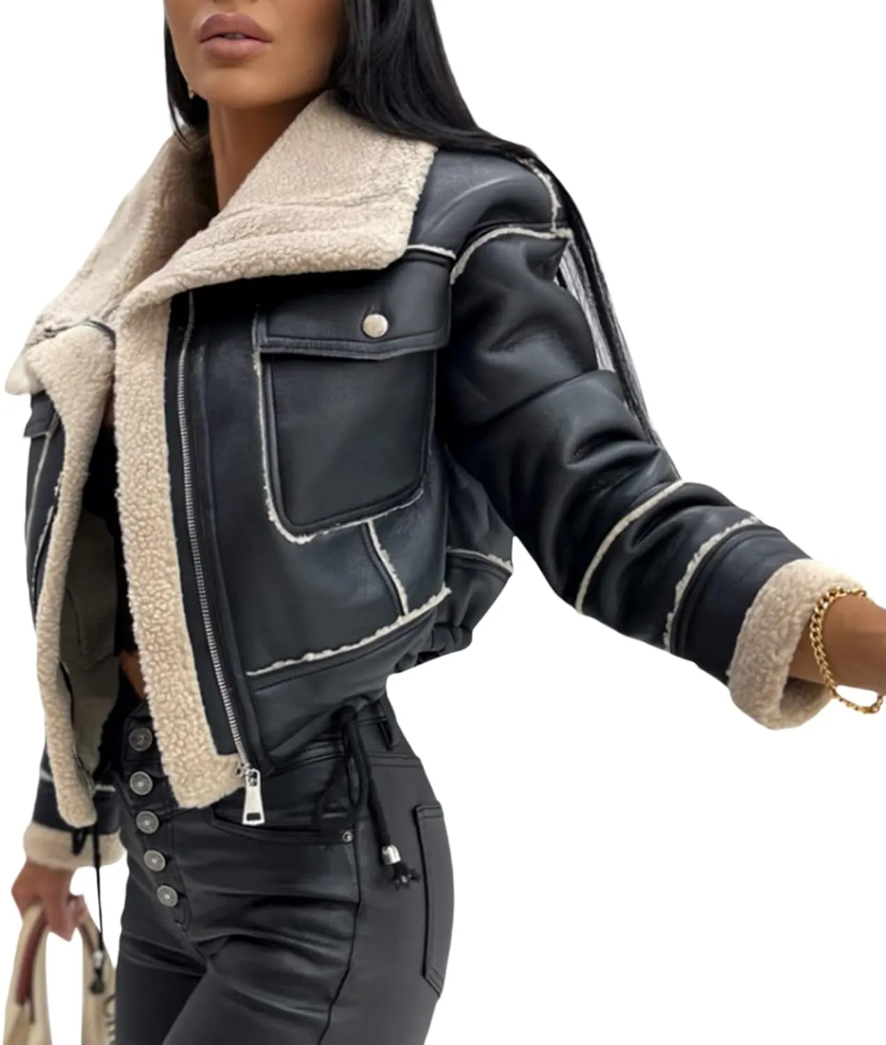 Beeuthios Women Oversized Sherpa Lined Leather Jacket Faux Suede Fleece Shearling Coat Biker Motorcycle Overcoat