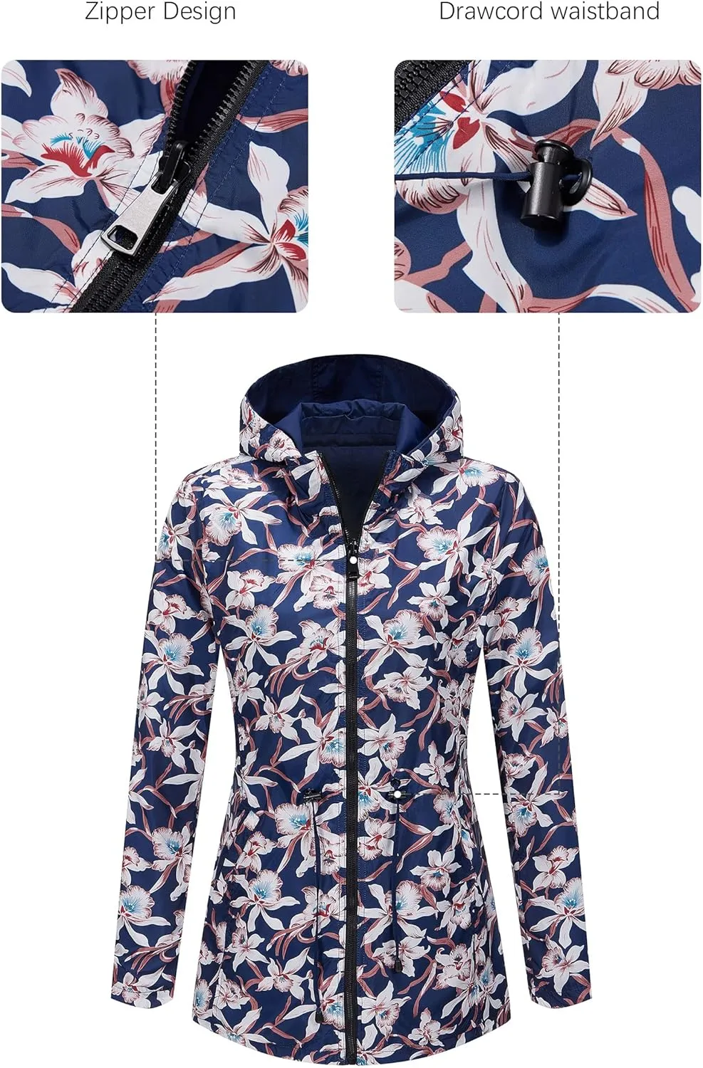 Bellivera Women Reversible Lightweight Jacket Casual Windbreaker Outerwear Waterproof Outdoor Printed Raincoat