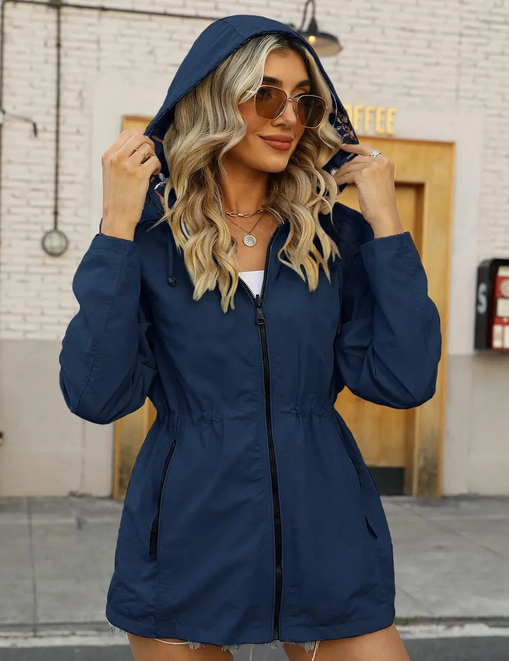 Bellivera Women Reversible Lightweight Jacket Casual Windbreaker Outerwear Waterproof Outdoor Printed Raincoat