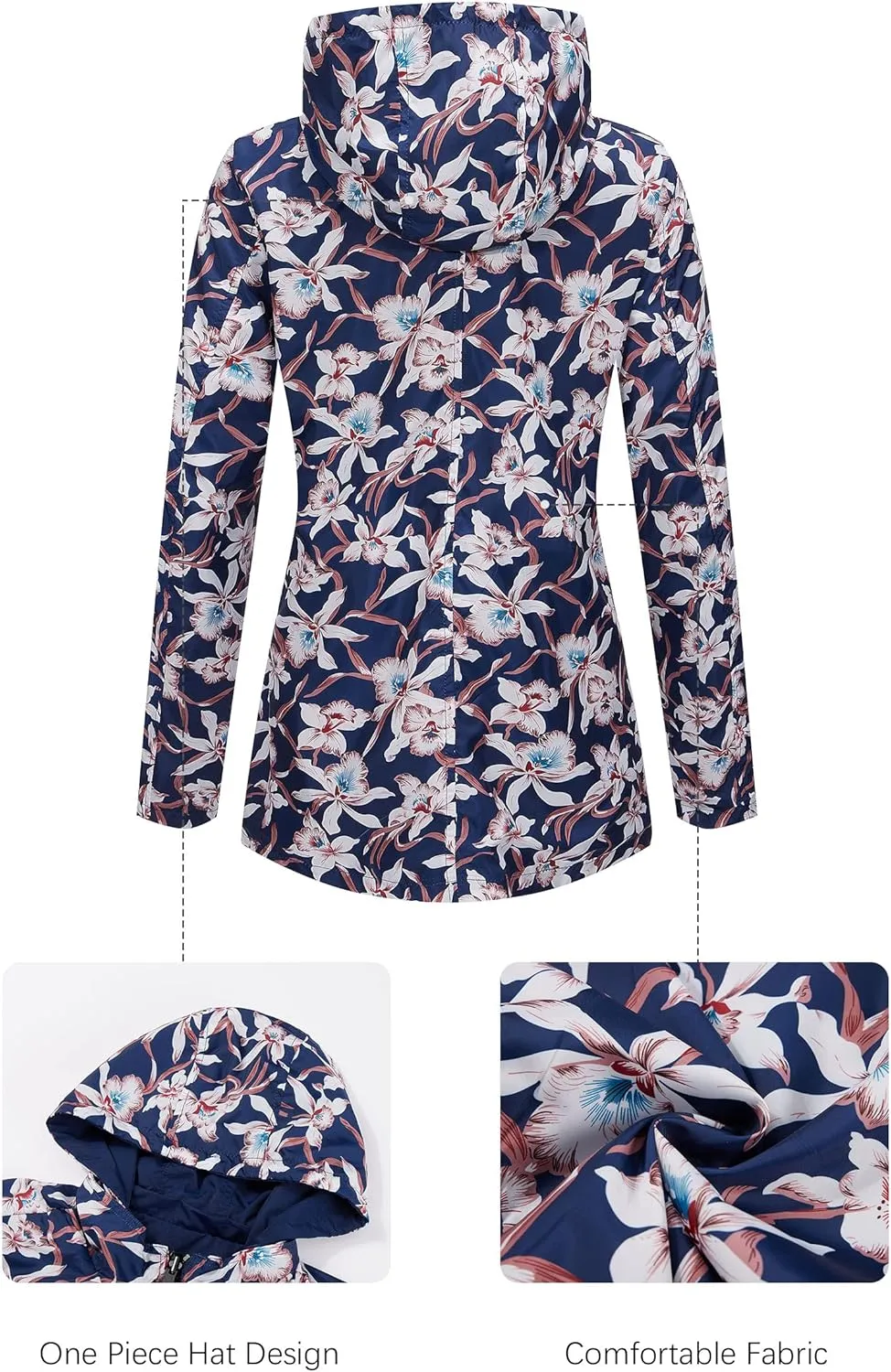 Bellivera Women Reversible Lightweight Jacket Casual Windbreaker Outerwear Waterproof Outdoor Printed Raincoat