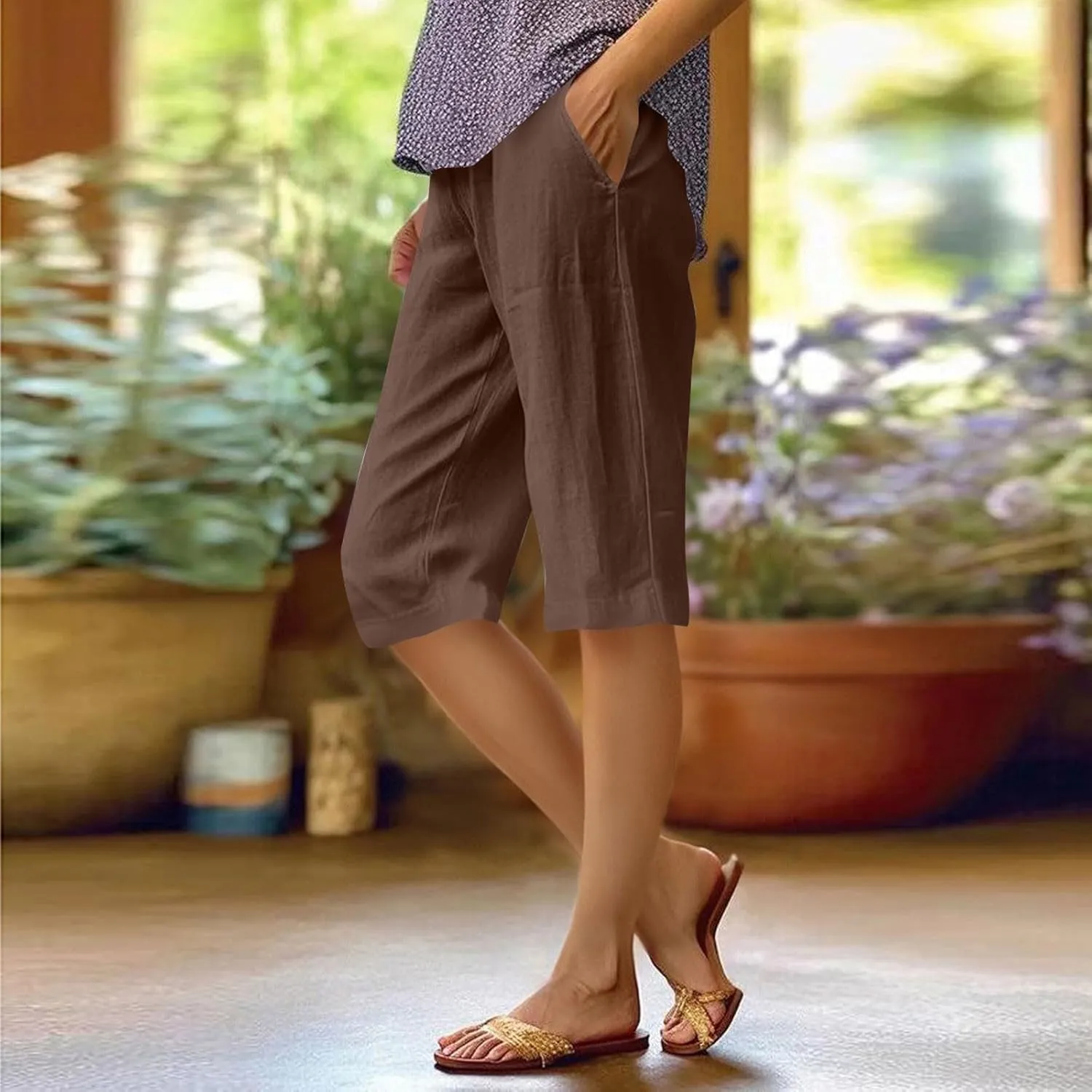 Bermuda Shorts for Women Knee Length Cotton Linen Capris Lightweight Summer Straight Leg Cropped Pants with Pockets