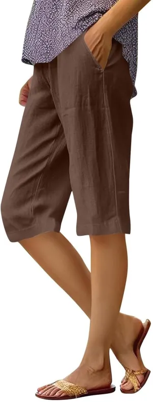 Bermuda Shorts for Women Knee Length Cotton Linen Capris Lightweight Summer Straight Leg Cropped Pants with Pockets