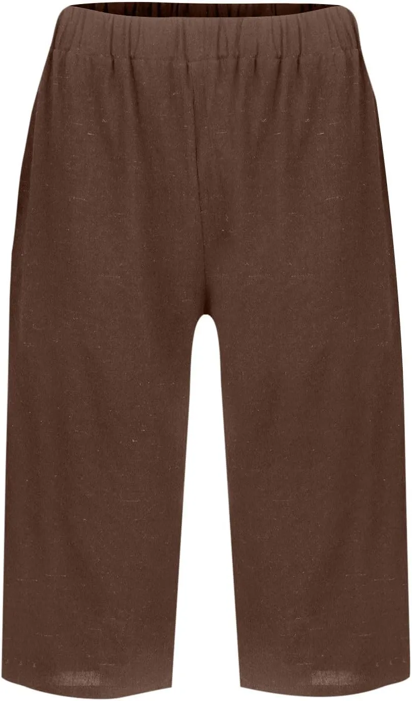 Bermuda Shorts for Women Knee Length Cotton Linen Capris Lightweight Summer Straight Leg Cropped Pants with Pockets