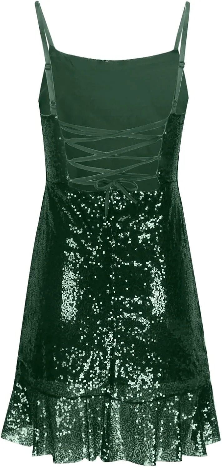 Binmer Women Sparkly Sequin Mini Dress Sexy Glitter Spaghetti Strap Backless Ruffle Hem Cami Short Mini Club Party Dresses