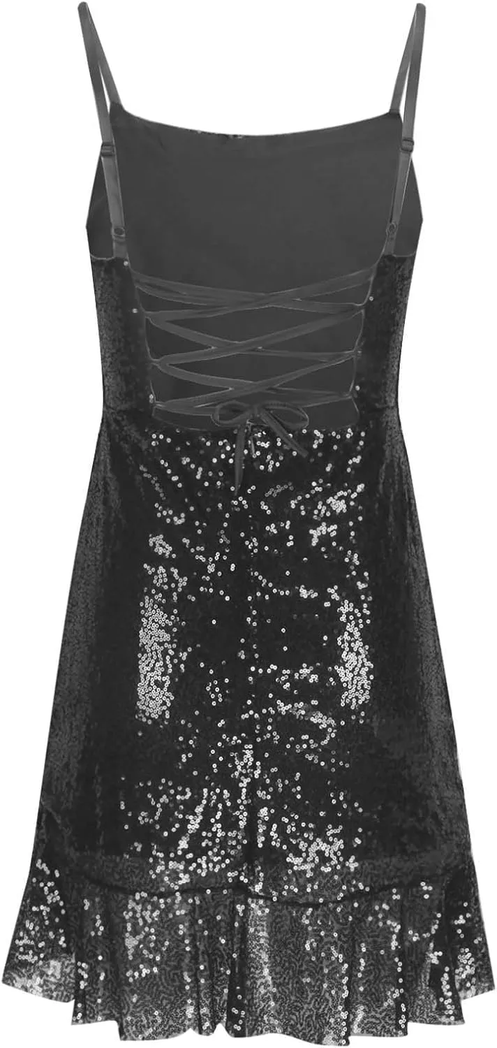 Binmer Women Sparkly Sequin Mini Dress Sexy Glitter Spaghetti Strap Backless Ruffle Hem Cami Short Mini Club Party Dresses