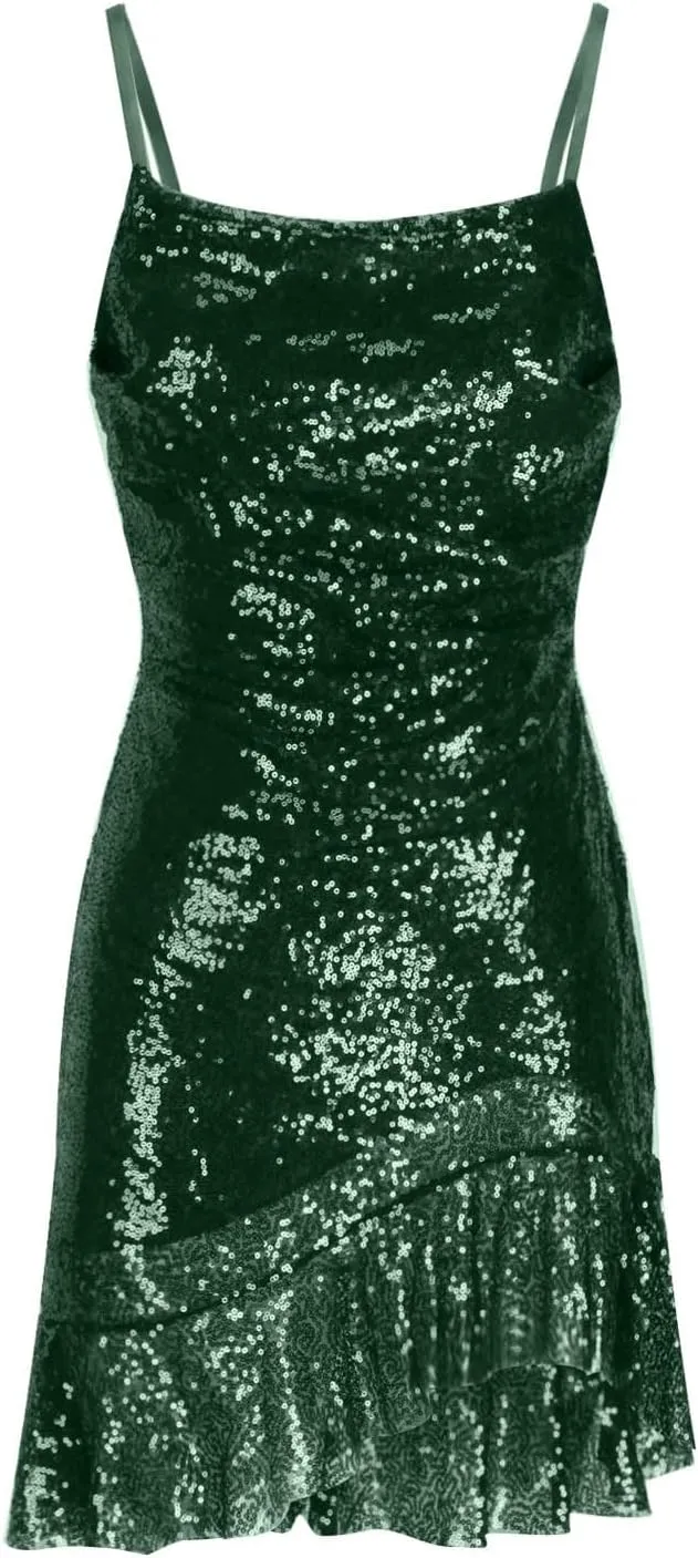 Binmer Women Sparkly Sequin Mini Dress Sexy Glitter Spaghetti Strap Backless Ruffle Hem Cami Short Mini Club Party Dresses